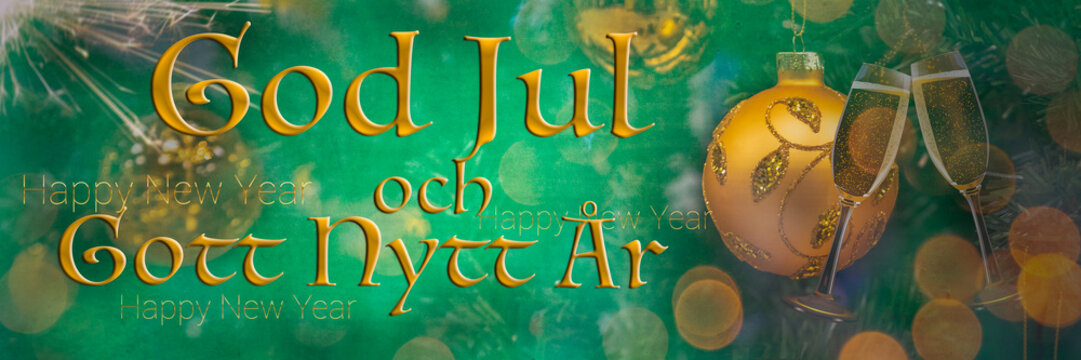 "God Jul och Gott Nytt Ar" means "Merry Christmas Happy New Year" in Swedish. Blurred background of two glasses of champagne with golden lights. Fireworks. Celebration. Bokeh. 2026. Greeting Sweden.