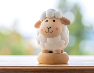 Charming sheep figurine with fluffy white fleece, rosy cheeks, and friendly smile sits on wooden surface