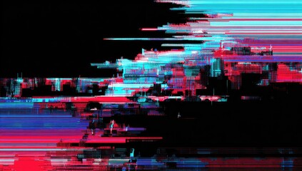 Abstract artwork featuring fragmented, glitch-like design with cyan, magenta, and black color palette