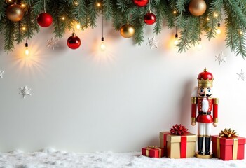 Merry Christmas and Happy New Year white background with nutcracker and Christmas gifts, decorated with fir branches and garlands of lights; card template with space for text