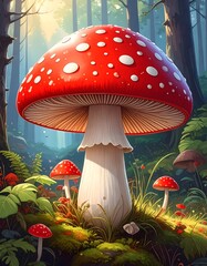 Vibrant Red and White Toadstool Mushroom in Enchanted Forest.