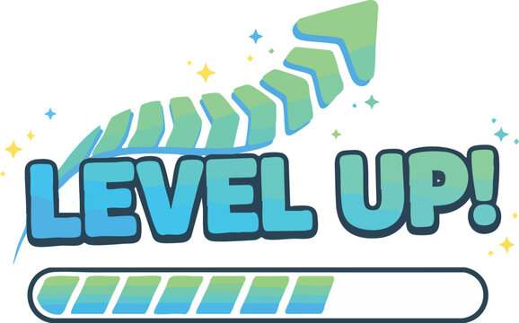 Progress Bar with Level Up Text and Growth Arrow for Achievement
