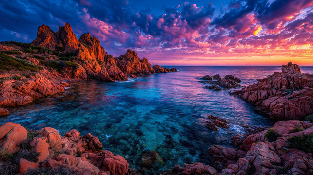 Vibrant sunset illuminating red coastal cliffs above crystal blue sea - Powered by Adobe