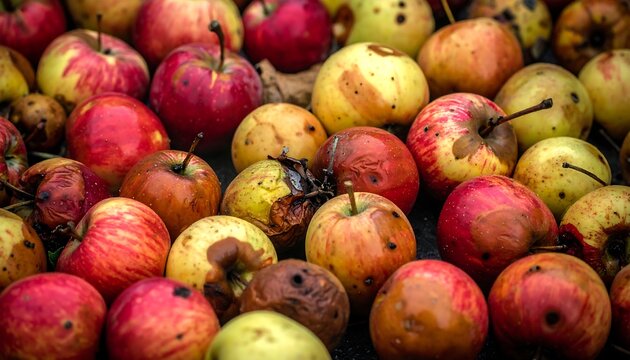 An assortment of ripe and decaying apples strewn together, showing imperfections and natural aging processes