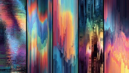 Abstract five-panel artwork features vertical streaks of color in various warm and cool hues