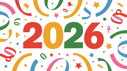 Happy New Year 2026 Celebration Festive Background with Confetti and Ribbons