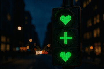 Creative traffic light with heart and plus signs for Valentine's Day &mdash; love and relationship concept in modern city