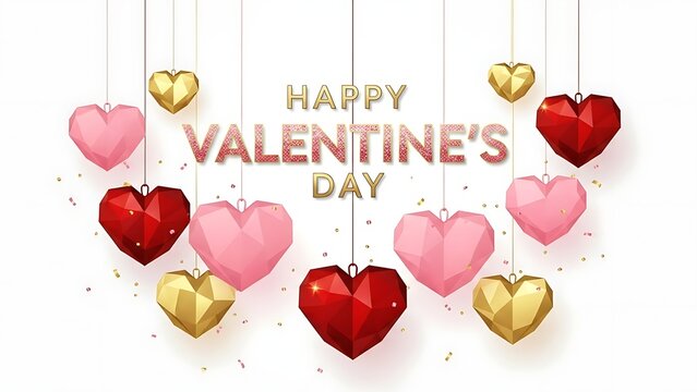 Festive valentines day greeting with hanging hearts, isolated on white background