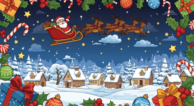 Santa Claus flying in his sleigh pulled by reindeer over a snowy village at night.