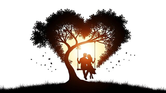 Heart tree silhouette with couple on swing at sunset, isolated on white background - Powered by Adobe