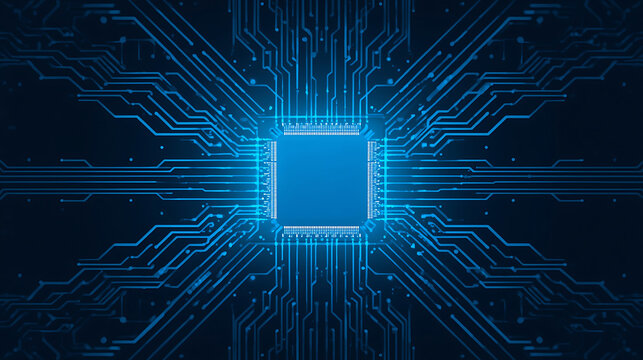 Abstract technology background with a glowing microchip and interconnected blue lines illustrating advanced computing and data transfer