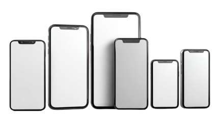 Vector illustration of a business graph on a tablet computer screen with a blank paper banner and mobile phone icons set