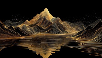 Abstract gold wire mountains reflect in water, on a black background with shimmering highlights