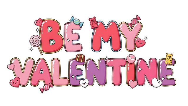 Be my valentine text with candy and hearts, isolated on white background