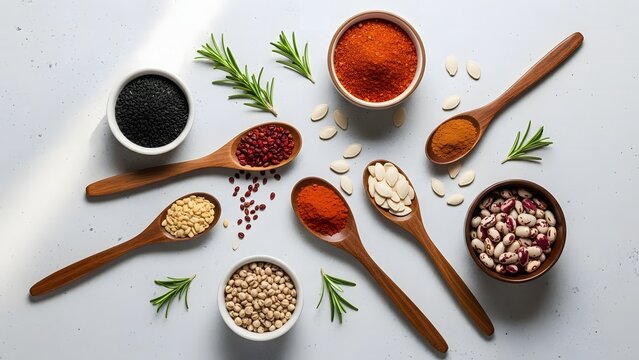 Assortment of spices in bowls and spoons on light background