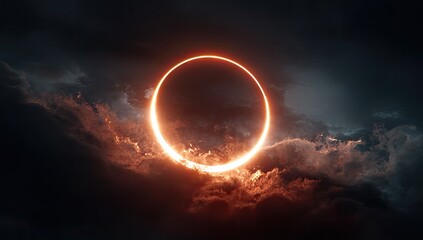 Dramatic celestial event showing a fiery ring of light emerging from dark, billowing clouds