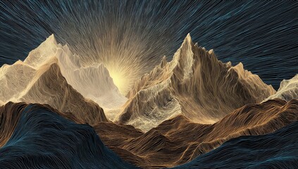 Abstract landscape with textured mountains, golden sunlight burst, and stylized flowing lines