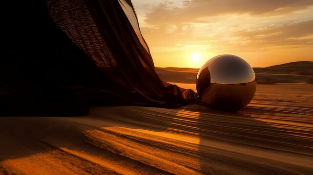 Reflective metallic sphere resting on desert sand at sunset with long shadows, warm light, smooth textures, minimalist landscape composition
