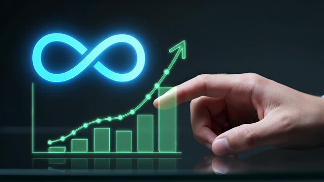 Hand Interacting with Glowing Infinity Symbol and Green Bar Chart on a Dark Surface for Business Concept with Financial Growth and Investment Metaphor