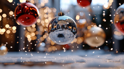 A collection of glimmering Christmas ornaments float above a snowy surface, capturing the magic of the holiday season while creating an enchanting visual feast.