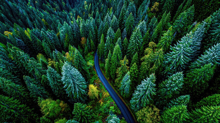 Aerial Shot of Dense Evergreen Forest With a Curving Road Cutting Through