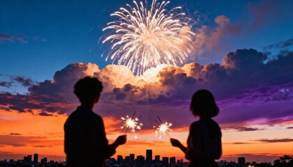 Couple Watching Fireworks and Holding Sparklers Over City Skyline at Sunset