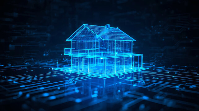 Digital blueprint of a modern house with circuit board background showcasing futuristic technology