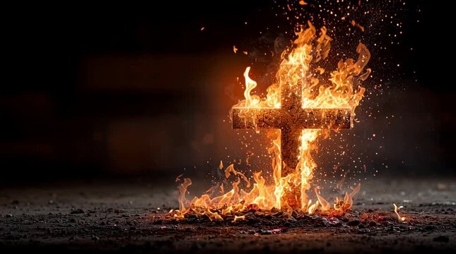 Cross on Fire Against Dark Background