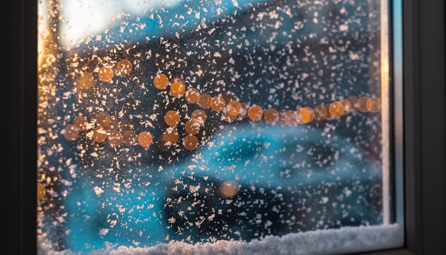 Snowflakes clinging to windowpane obscure a blurred car and streetlights during a winter storm, creating a cozy and atmospheric scene.