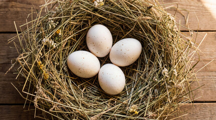 Close-up of Fresh Brown Eggs in a Natural Hay Nest