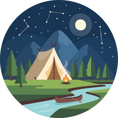 Obraz premium Cozy Campsite Under Starry Night Sky with Canoe by Mountain River