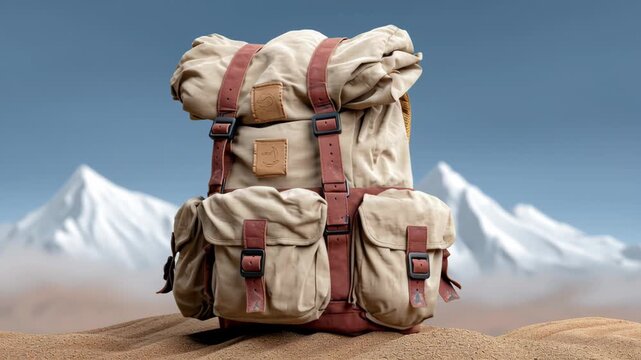 Tan and brown backpack sits on a sandy beach with a mountain in the background. The backpack is open and ready for use, suggesting a sense of adventure and exploration