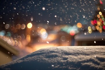 Winter night scene with softly falling snow and warm blurred lights