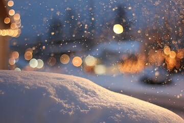 Snow falls on a white snowbank, warm lights blurred in background, cold, winter evening