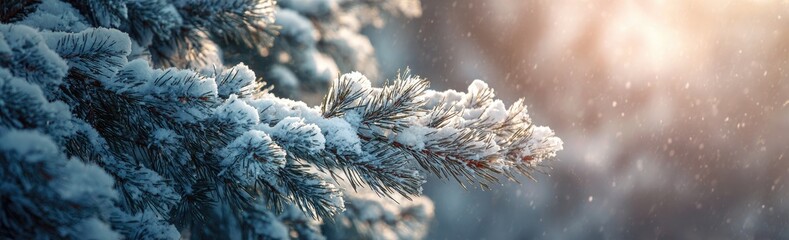 Close-up of frosted evergreen branches with sunlight and falling snow, evoking winter's peace