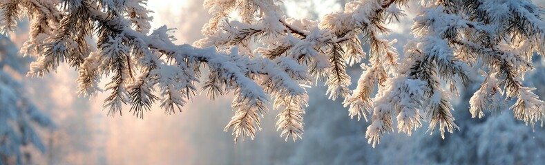 A close-up captures frosted evergreen branches with light illuminating a winter forest's scene