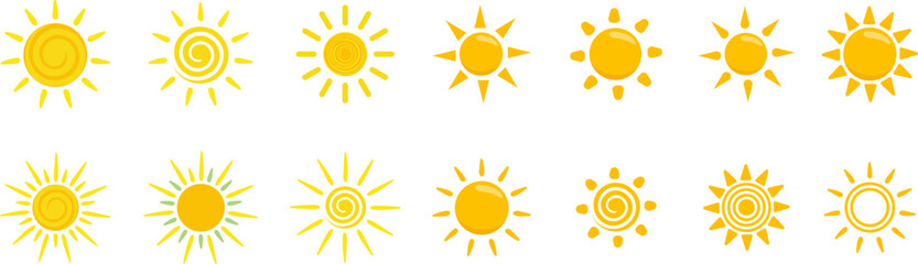 Collection of stylized golden sunburst patterns on a white background