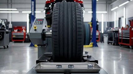 Car tire spins on balancer at repair shop, viewed in bright interior of auto garage with diagnostic equipment. Car tire is rotating on balancing machine, ensuring precision.