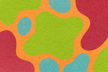 Abstract red, green, blue and orange background with amorphous shapes and spots, paper texture in flat organic design