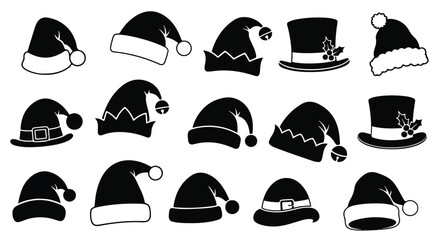 Black Christmas hat silhouettes set featuring various festive caps and traditional Santa headwear in a clean 2D flat vector icon style, isolated on a bright white background for seasonal use.