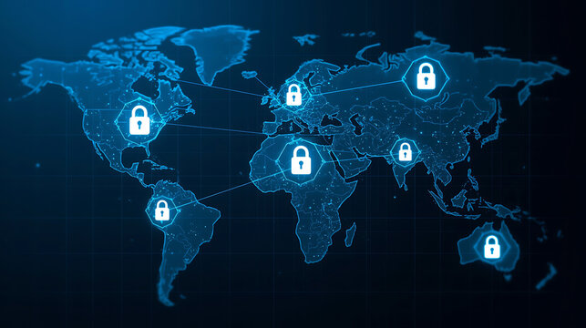 Global Network Security and Data Protection Concept with Padlocks Across the World Map - Powered by Adobe