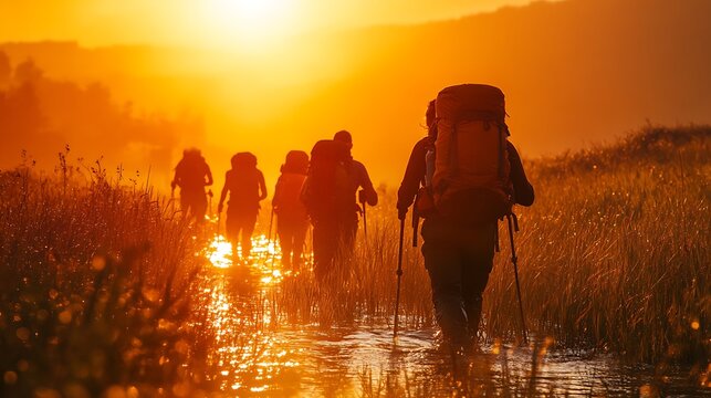 Adventurous hikers trekking through golden sunrise light, forging ahead with backpacks for fitness and outdoor lifestyle experiences at dawn