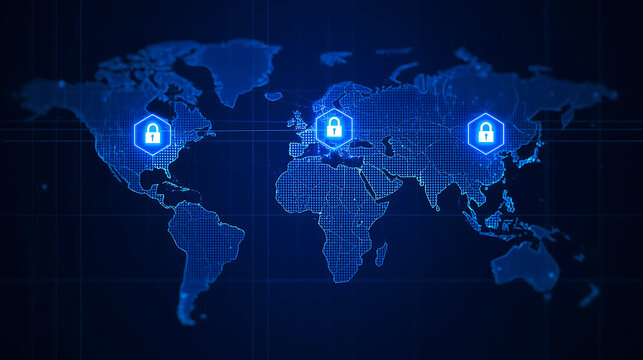 Global Network Security with Padlock Icons and World Map for Data Protection and Digital Safety