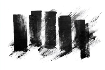 Abstract composition on white; six rectangular brushstrokes in black, dynamic and expressive