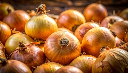 A close-up shot fills the frame with a bounty of light brown and yellow onions, some with their papery skins peeling, creating a textured, rustic display of fresh produce.