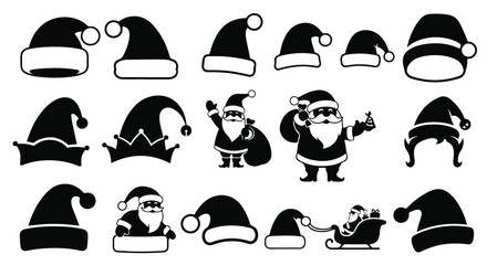 Bold black Santa hat shapes, presented as 2D flat graphic icons, create striking Christmas silhouettes isolated on a clean white background, symbolizing winter festivities.
