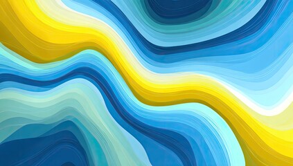 A vibrant, flowing abstract composition with swirling yellow, blue, and white color gradients