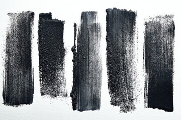 Five textured black paint strokes, vertical against a white, textured background