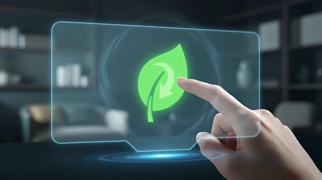 Hand Interacting With Green Leaf Recycle Symbol on Holographic Display in Modern Interior, Sustainability Concept for Environmental Technology, Eco Friendly Initiative