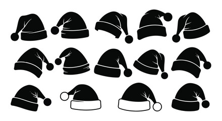 Elegant black Santa hat silhouette set, showcasing various festive shapes in a sophisticated, minimalist flat 2D vector illustration on a pure white background.